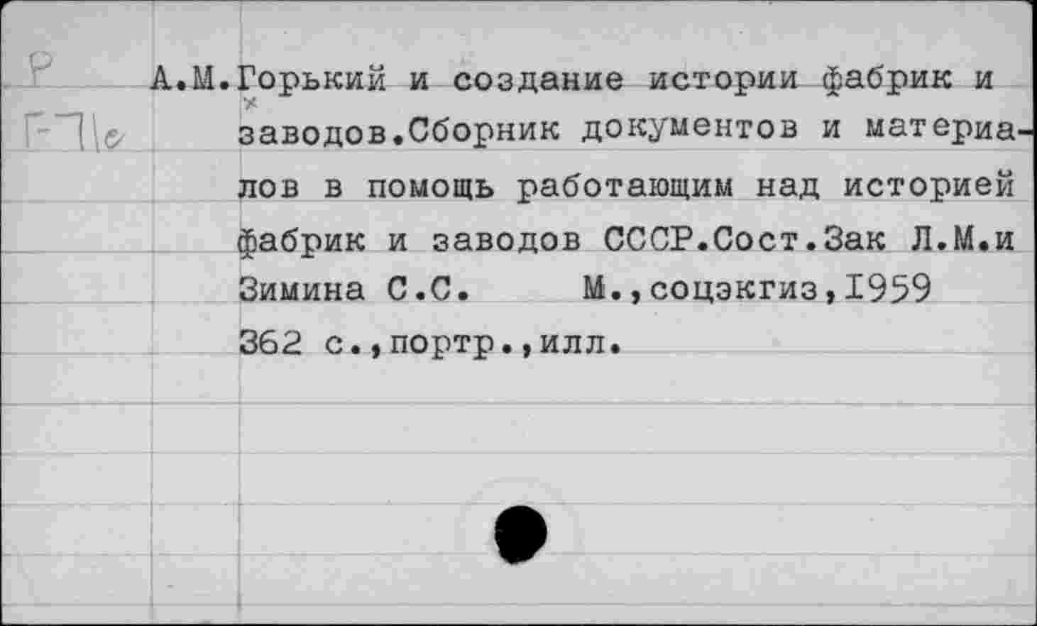 ﻿А.М.Горький и создание истории фабрик и заводов.Сборник документов и материа лов в помощь работающим над историей фабрик и заводов СССР.Сост.Зак Л.М.и Зимина С.С. М.,соцэкгиз,1959 362 с.,портр.,илл.